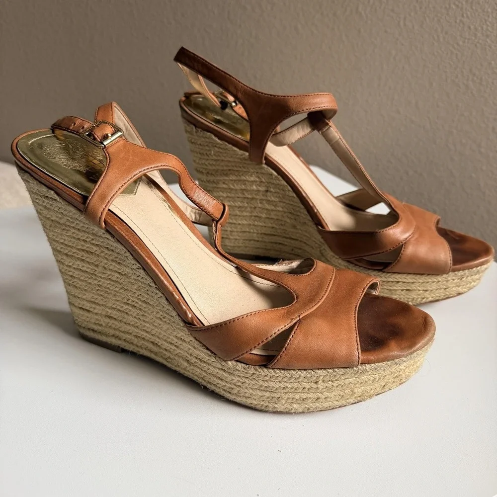 Vince Camuto Wedge Sandals Womens Size 11 Brown Leather Espadrille VC-INSLO2